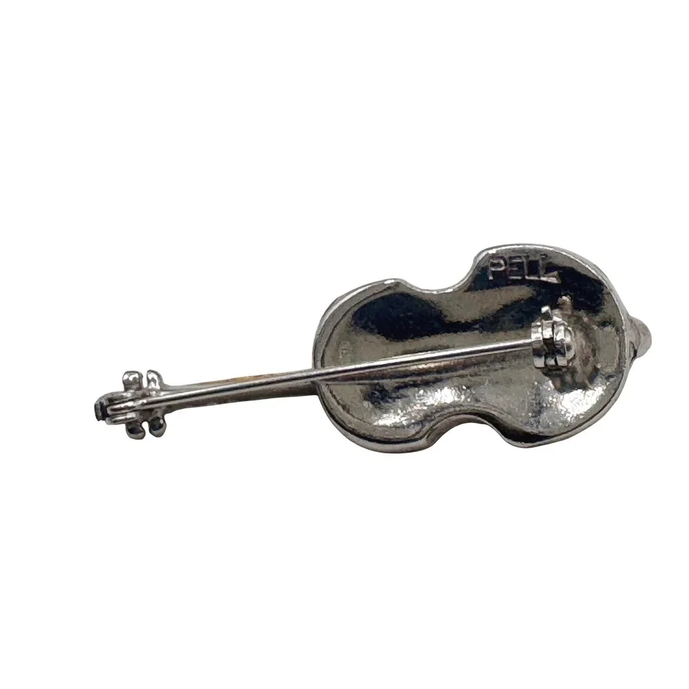 Pell Vintage Silver Tone Rhinestone Violin Musical Instrument‎ Brooch Pin